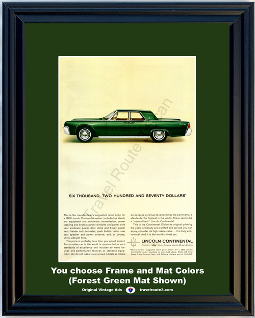 1963 Lincoln Continental Vintage Ad 63 Ford Motor Company Mercury Dark Green *You Choose Frame-Mat Colors-Free USA S&H*