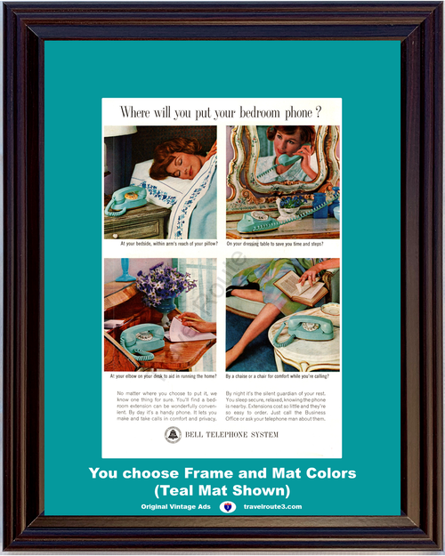 1963 Bedroom Phone Vintage Ad Bell Telephone Turquoise American Telephone & Telegraph ATT 63 *You Choose Frame-Mat Colors-Free USA S&H*