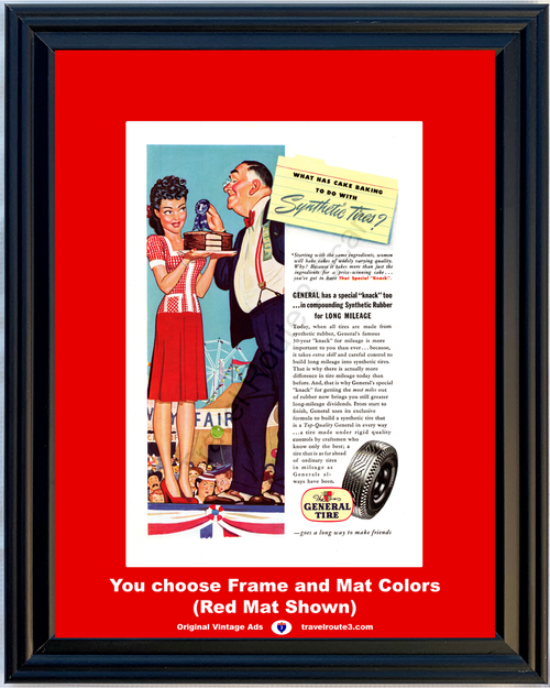 1945 WWII WW2 General Tire Vintage Ad County Fair Cake Baking Ribbon Synthetic Rubber World War II 2 45 *You Choose Frame-Mat Colors-Free USA S&H*