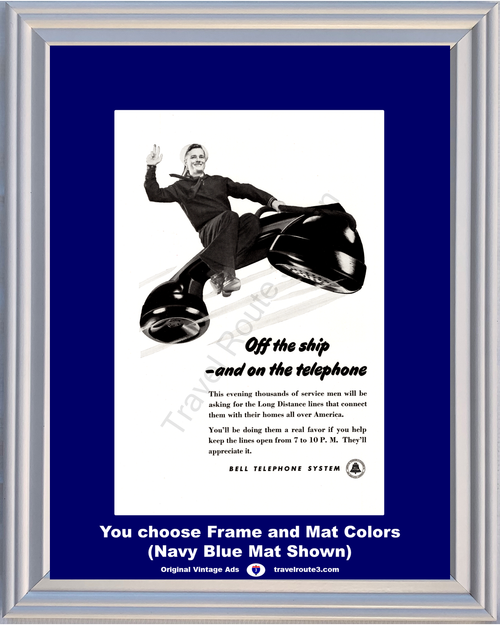 1945 WWII WW2 Navy Sailor Bell Telephone Vintage Ad System American Phone & Telegraph Long Distance World War II 2 45 *You Choose Frame-Mat Colors-Free USA S&H*