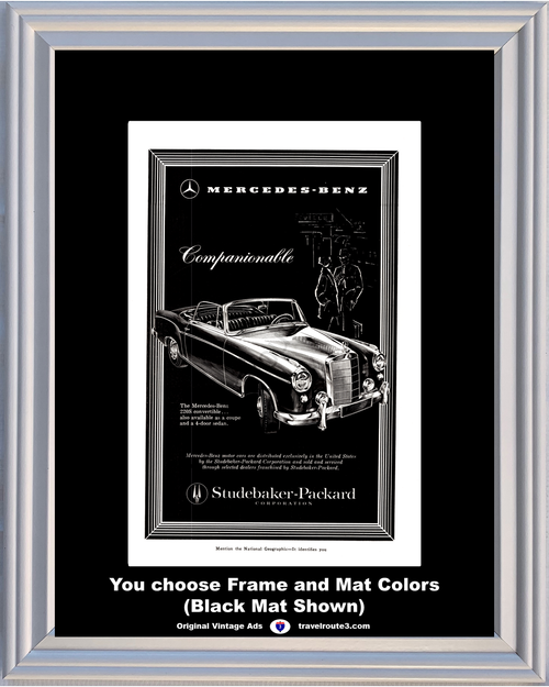 1958 Mercedes Benz 220S Vintage Ad 58 Convertible 2 Two Door Studebaker Packard Black and White *You Choose Frame-Mat Colors-Free USA S&H*