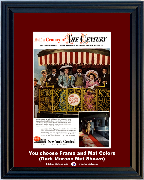 1952 New York Central Vintage Ad Railroad Train Theodore Roosevelt J.P. Morgan Chicago Water Level Route 52 *You Choose Frame-Mat Colors-Free USA S&H*