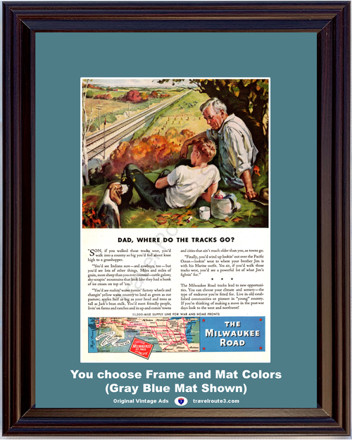 1944 WWII WW2 Milwaukee Railroad Vintage Print Ad Railway Train Tracks America Dad Son Road World War II 2 44 *You Choose Frame-Mat Colors-Free USA S&H*