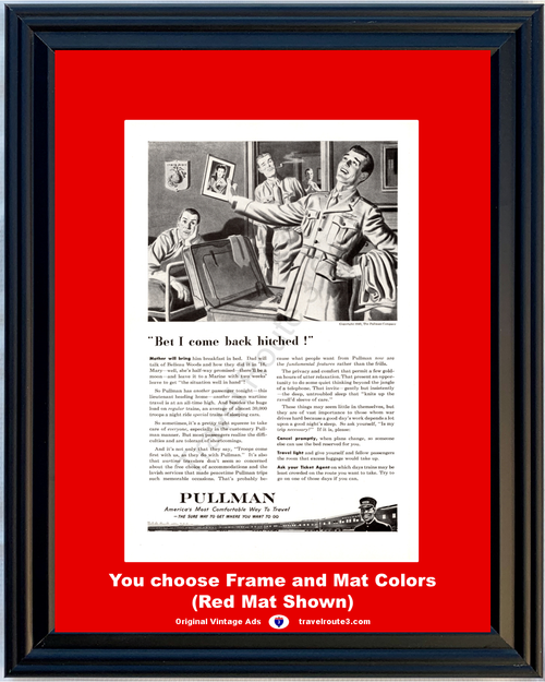 1943 WWII WW2 Marine Hitched Pullman Vintage Print Ad Troops Wartime Travel Train Railroad World War II 2 43 *You Choose Frame-Mat Colors-Free USA S&H*