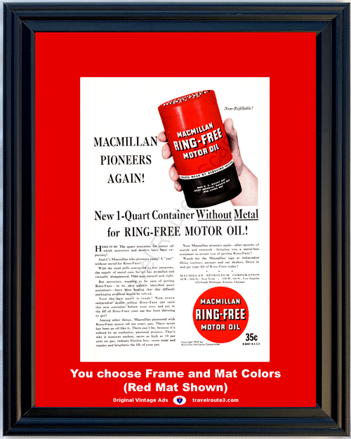 1942 WWII WW2 Macmillan Metal Free Oil Can Vintage Print Ad Motor Engine Ring Quart Petroleum World War II 2 42 *You Choose Frame-Mat Colors-Free USA S&H*