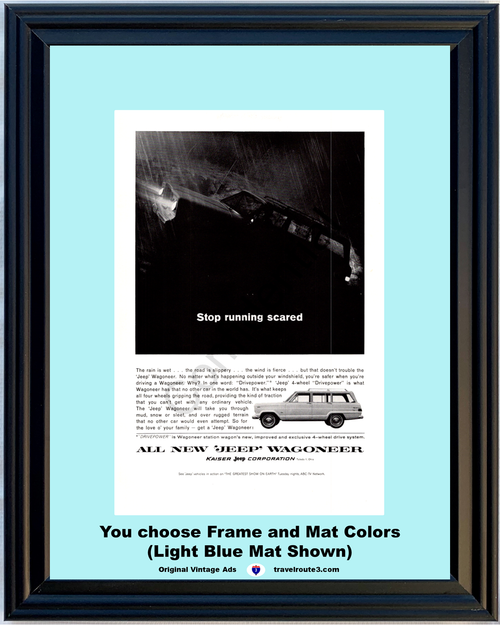 1964 Jeep Wagoneer Vintage Print Ad Stop Running Scared Kaiser Rain 4 Four Wheel Drive Drivepower 64 *You Choose Frame-Mat Colors-Free USA S&H*