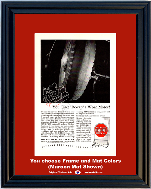 1943 Macmillan Ring Free Motor Oil WW2 Vintage Ad World War II 2 WWII Engine Tire Re-Cap 43 *You Choose Frame-Mat Colors-Free USA S&H*