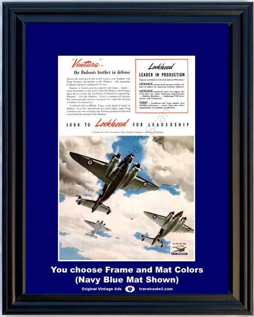1941 Vega Ventura WW2 Bomber Vintage Ad Lockheed Aircraft Airplane World War 2 II WWII 41 *You Choose Frame-Mat Colors-Free USA S&H*