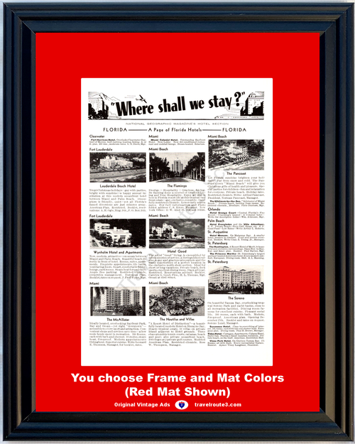 1941 Florida Hotels Travel Vintage Ad Vacation Miami Beach Orlando Fort Lauderdale 41 *You Choose Frame-Mat Colors-Free USA S&H*