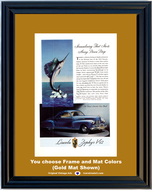 1942 Lincoln Zephyr V-12 Vintage Ad V12 Coupe Sailfish 42 *You Choose Frame-Mat Colors-Free USA S&H*