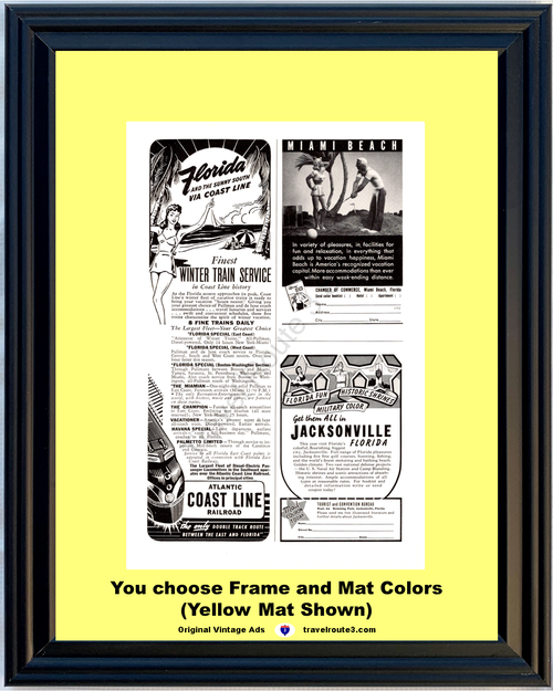 1942 Florida Vacation Travel Vintage Ad Miami Beach Jacksonville Atlantic Coast Line Railroad 42 *You Choose Frame-Mat Colors-Free USA S&H*