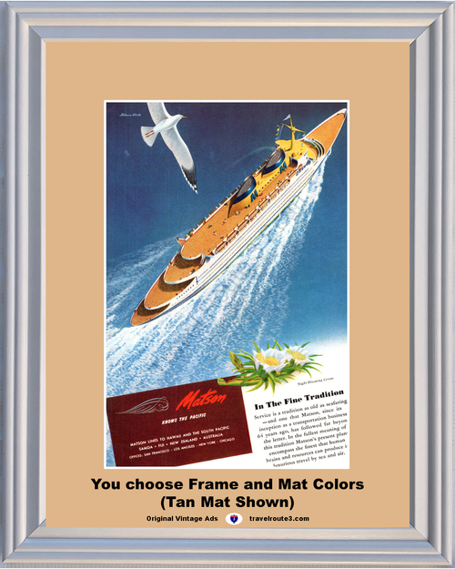 1946 Matson Cruise Line Hawaii Vintage Ad South Pacific Ship Seagull Cereus Flower 46 *You Choose Frame-Mat Colors-Free USA S&H*