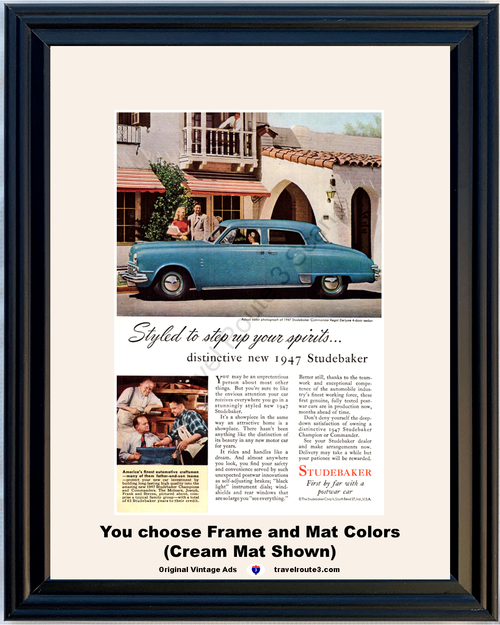 1946 Studebaker Commander Vintage Ad Regal Deluxe Four 4 Door Sedan Joseph Frank Steven Molnar 46 *You Choose Frame-Mat Colors-Free USA S&H*