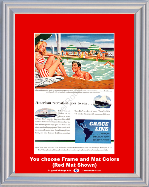 1946 Grace Cruise Line Vintage Ad Cruising Ship Swimming Pool American Recreation 46 *You Choose Frame-Mat Colors-Free USA S&H*