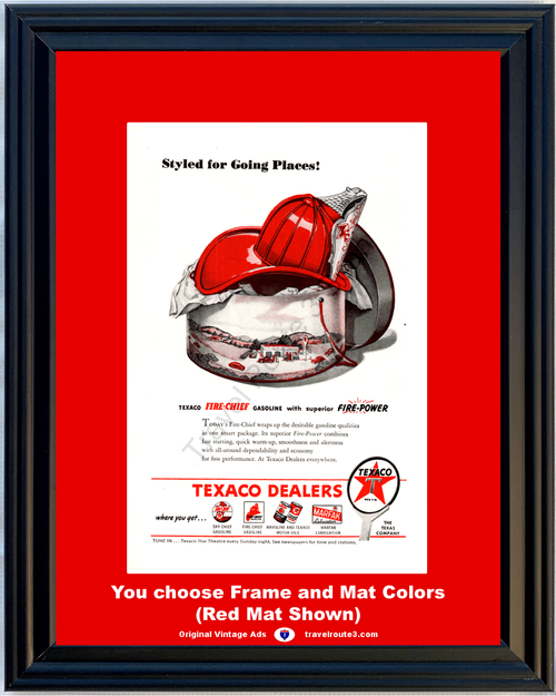 1946 Texaco Gas Station Vintage Ad Sky Fire Chief Firefighter Hat Havoline Oil Gasoline  46 *You Choose Frame-Mat Colors-Free USA S&H*