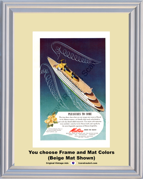 1946 Hawaii Matson Cruise Line Vintage Ad Royal Hawaiian Hotel Ship Travel Vacation Cruising 46 *You Choose Frame-Mat Colors-Free USA S&H*
