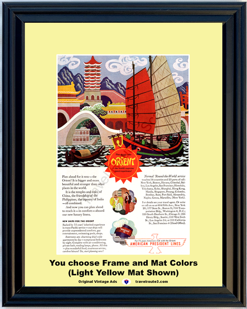 1946 Orient Cruise Vacation Vintage Ad American President Lines Travel China Ship Cruising Philippines India 46 *You Choose Frame-Mat Colors-Free USA S&H*