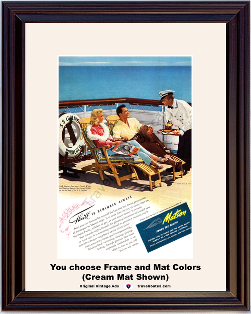 1947 Hawaii Matson Cruise Line Vintage Ad Cornel Wilde Patrica Knight Ship Vacation Travel Cruising 47 *You Choose Frame-Mat Colors-Free USA S&H*
