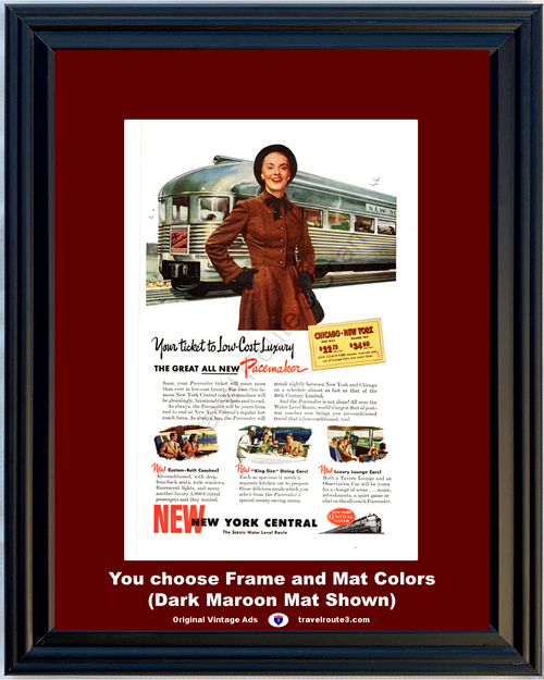 1947 New York Central Train Vintage Ad Pacemaker Coach Streamliner Railroad New York Chicago 47 *You Choose Frame-Mat Colors-Free USA S&H*