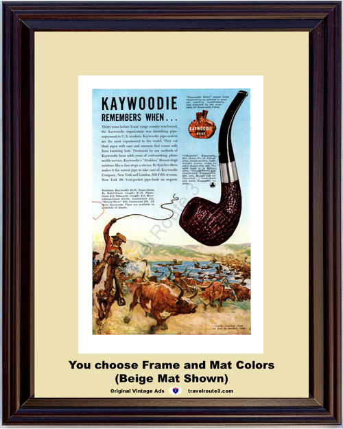 1947 Kaywoodie Pipes Texas Longhorns Vintage Ad Briar Silhouette Cowboy Drinkless 47 *You Choose Frame-Mat Colors-Free USA S&H*