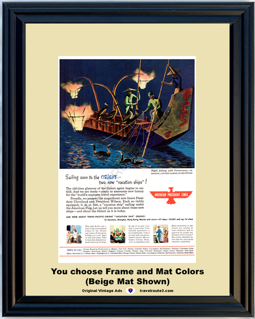 1947 Orient Vacation Ships Cruise Vintage Ad Travel Cormorants Night Fishing American President Lines Cruise Cruises 47 *You Choose Frame-Mat Colors-Free USA S&H*0
