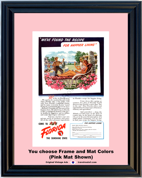 1948 Florida Travel Vacation Move to Vintage Ad FL The Sunshine State Happier Living 48 *You Choose Frame-Mat Colors-Free USA S&H*