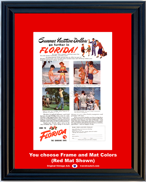 1948 Florida Summer Family Vacation Vintage Ad Travel Beach Fishing Golfing Sightseeing The Sunshine State 48 *You Choose Frame-Mat Colors-Free USA S&H*