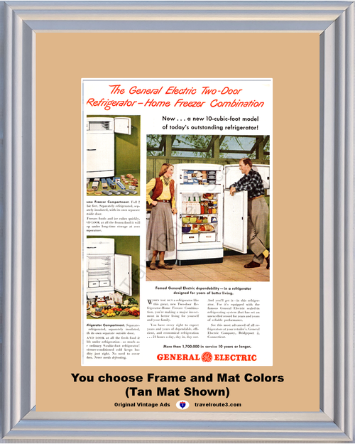 1948 GE Refrigerator Freezer Vintage Ad Kitchen Kitchenware General Electric Mid Century 48 *You Choose Frame-Mat Colors-Free USA S&H*