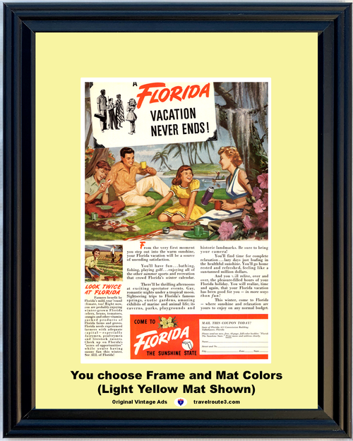 1949 Travel Florida Vacation Vintage Ad Family Picnic Fishing Cookout Beach Palm Trees Moss 49 *You Choose Frame-Mat Colors-Free USA S&H*