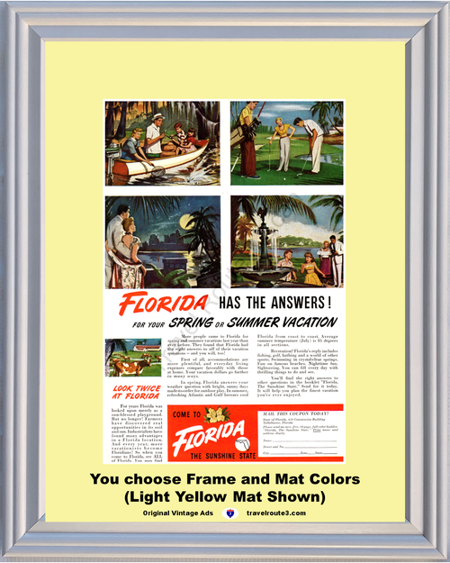 1949 Travel Florida Vacation Vintage Ad FL The Sunshine State Fishing Golfing Moonlight Romance 49 *You Choose Frame-Mat Colors-Free USA S&H*