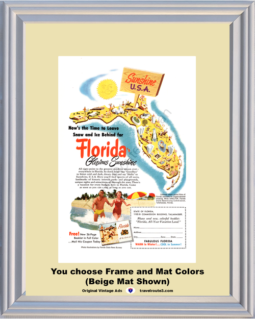 1952 Travel Florida Vacation Vintage Ad FL Sunshine State Map Swimming Beach 52 *You Choose Frame-Mat Colors-Free USA S&H*
