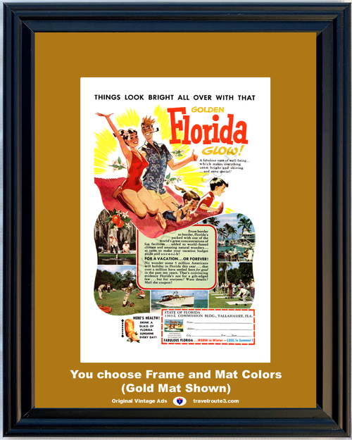 1954 Travel Florida Vacation Vintage Ad FL Magic Flying Carpet Golden Glow Family 54 *You Choose Frame-Mat Colors-Free USA S&H*