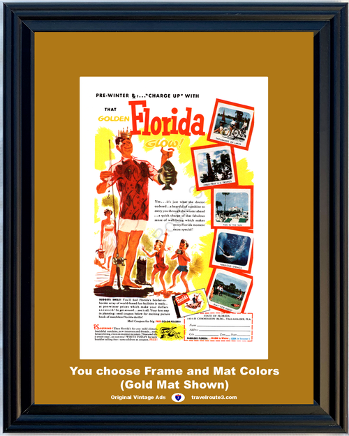 1954 Travel Florida Vacation Vintage Ad FL King Fisher Fishing Family Fun Golden Glow RX 54 *You Choose Frame-Mat Colors-Free USA S&H*