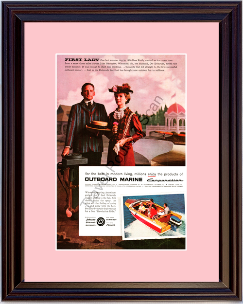 1957 Evinrude Johnson Motors Vintage Ad Outboard Marine Lake Okauchee Wisconsin Boat Boating Ice Cream 57 *You Choose Frame-Mat Colors-Free USA S&H*