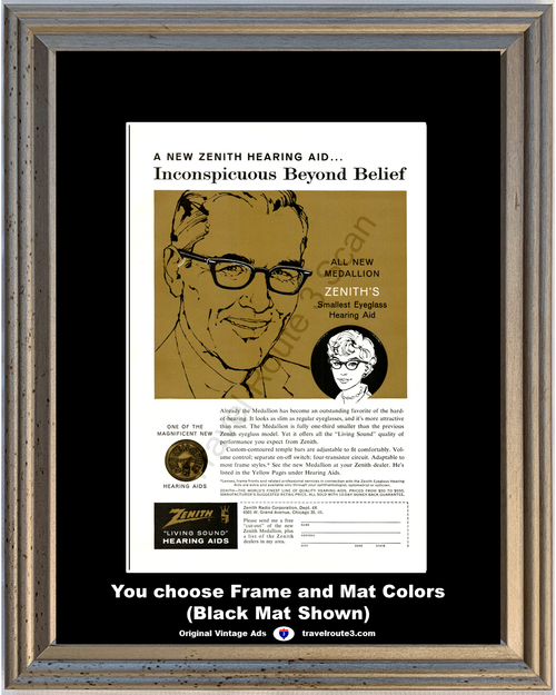 1960 Zenith Medallion Hearing Aid Vintage Ad Living Sound Smallest Eyeglass Glasses 60 *You Choose Frame-Mat Colors-Free USA S&H*