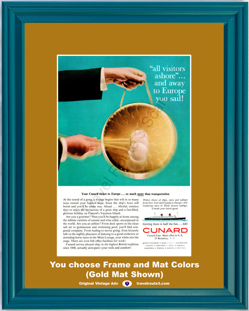 1960 Queen Elizabeth Mary Vintage Ad Travel Vacation Cunard Cruise Line Island Europe 60 *You Choose Frame-Mat Colors-Free USA S&H*