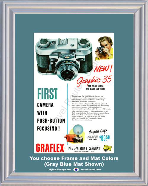 1955 Graflex Camera Vintage Ad First Push Button Focusing 35mm 55 *You Choose Frame-Mat Colors-Free USA S&H*