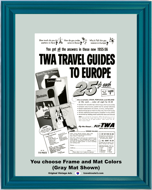 1955 TWA Trans World Airlines Europe Vintage Ad European Vacation Travel 55 *You Choose Frame-Mat Colors-Free USA S&H*