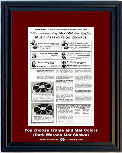 1955 Music Appreciation Records Strauss Vintage Ad Bach Schumann Mendelssohn Club 55 *You Choose Frame-Mat Colors-Free USA S&H*