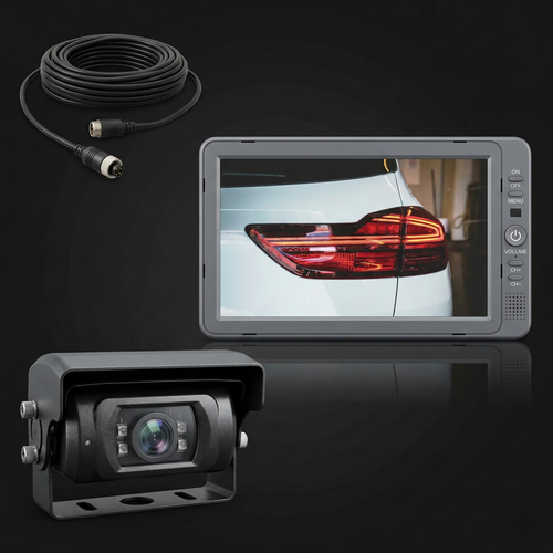 Wired 10.1-inch HD touchscreen for 10-32 volts, with remote control. Wired backup camera with automatic protective cover, heating, and IR vision. 12m 4-pin camera cable. Reverse camera system from Viklight