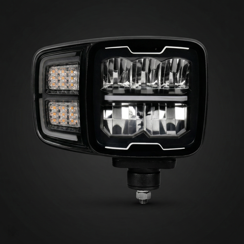 Viklight Plower boost LED plow lamp with heated lens, E-marked for use on wall-mounted snow removal vehicles.
The heated lens features automatic thermostat control and does not require manual handling by the driver. Snow and ice on the lamp melt away within a few minutes from a cold start.
The lamp is a complete headlight unit with all the functions required for road use, including low beam, high beam, position light, and turn signals.