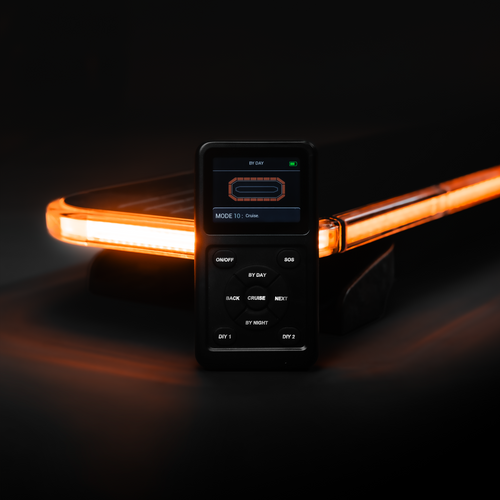 PRO LED light bar of low profile with a 3-year warranty and ECE approval for road work. The bar features all modern functions such as 2 cruise modes, 3 traffic direction signals to the right, left, and middle-out, 4 flashing patterns, as well as 5 rotation patterns..