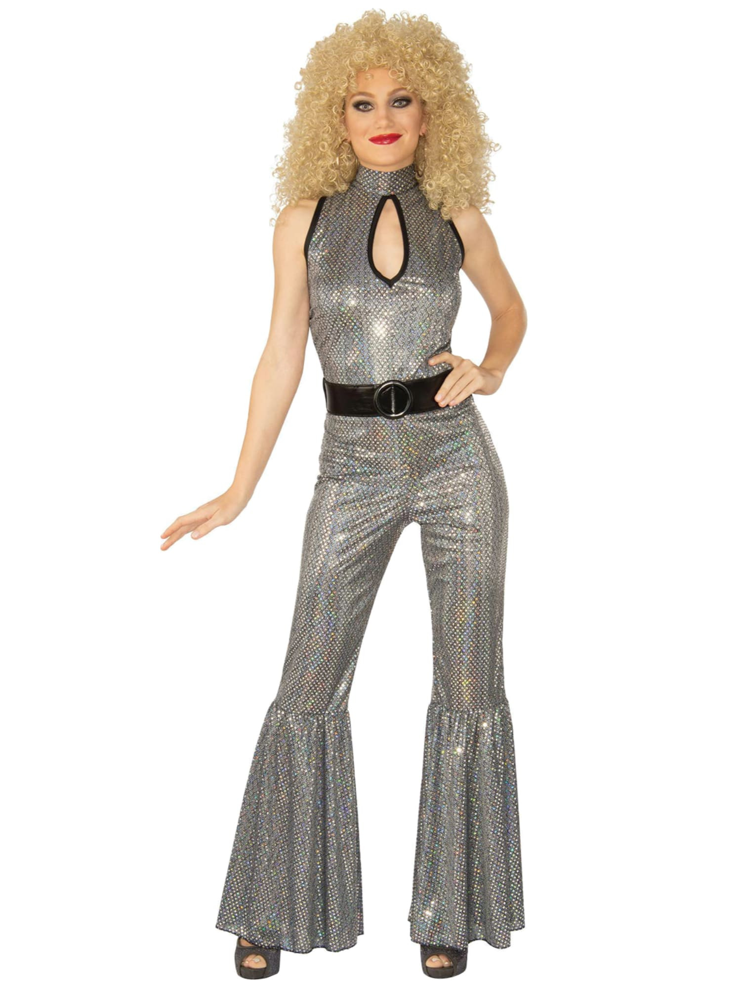 Disco Diva 70s Pop Star Silver Jumpsuit Boogie Retro Adult Womens Costume