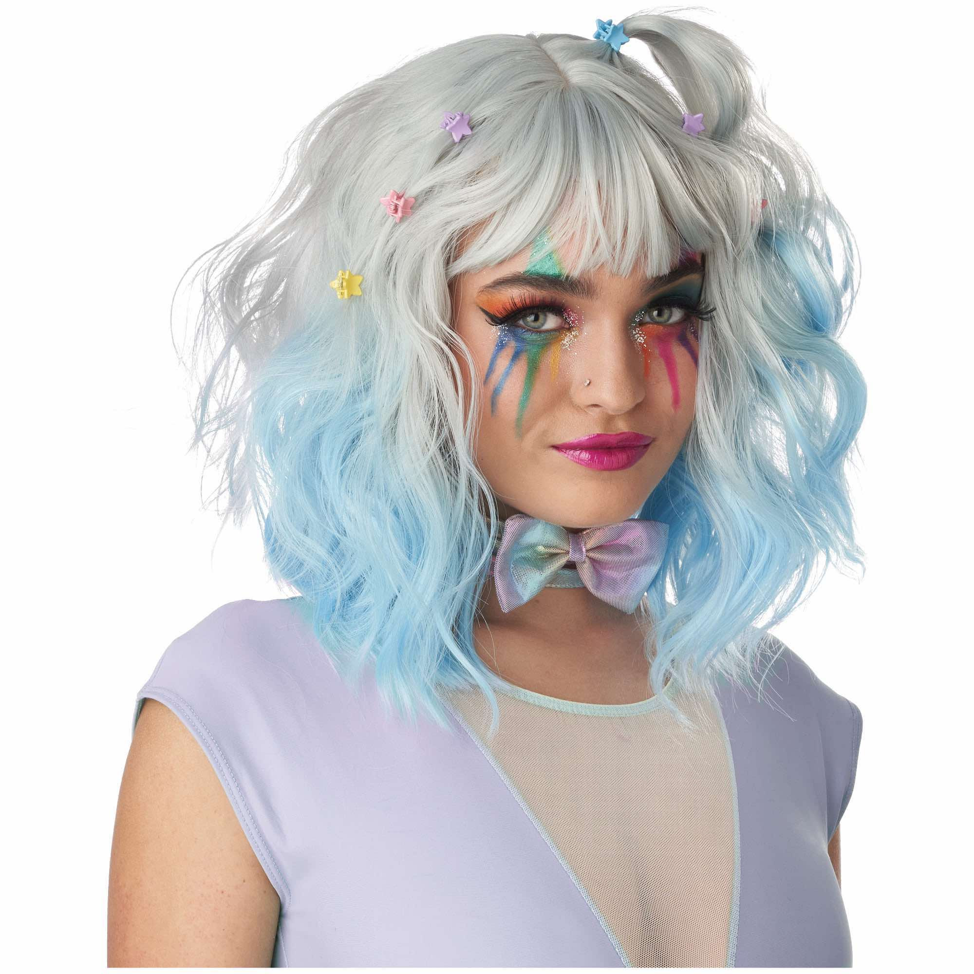 Pastel Textured Long Bob Clown Circus Grey Blue Womens Wig