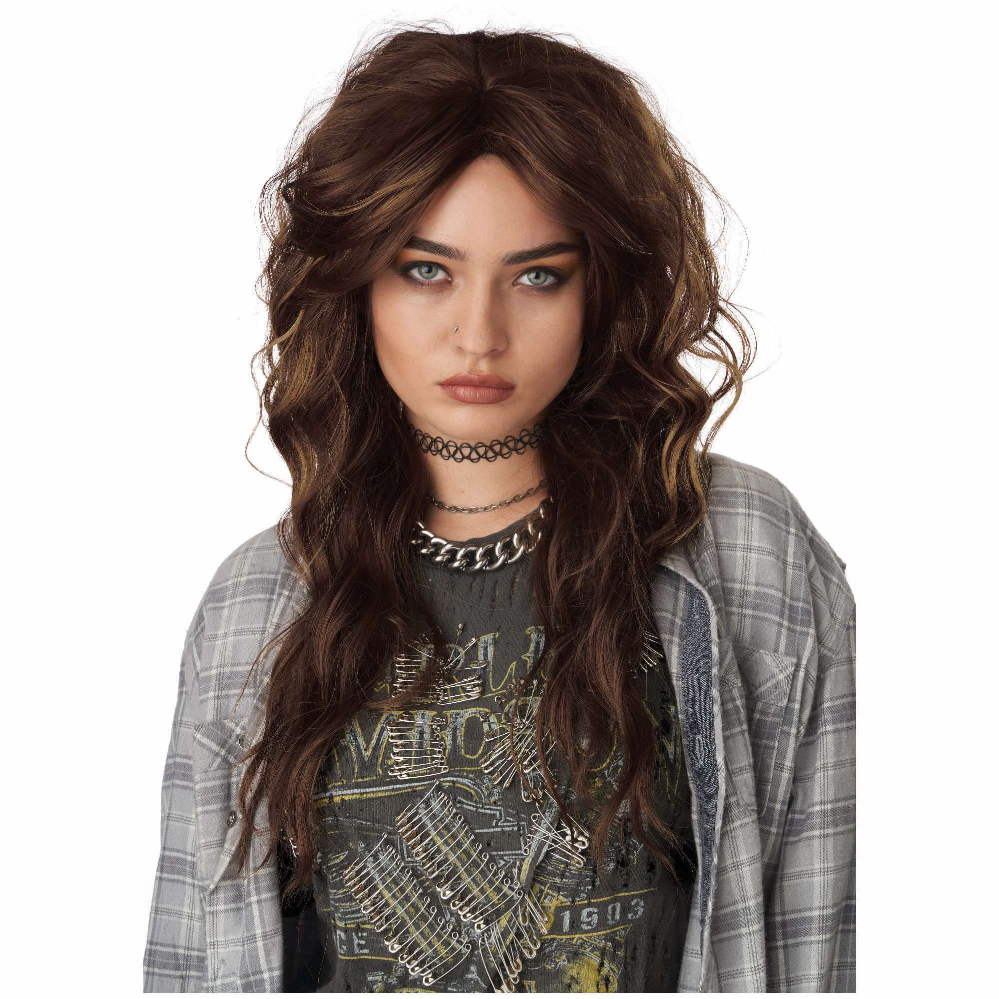 90s Grunge Rocker Brown Wavy Womens Wig