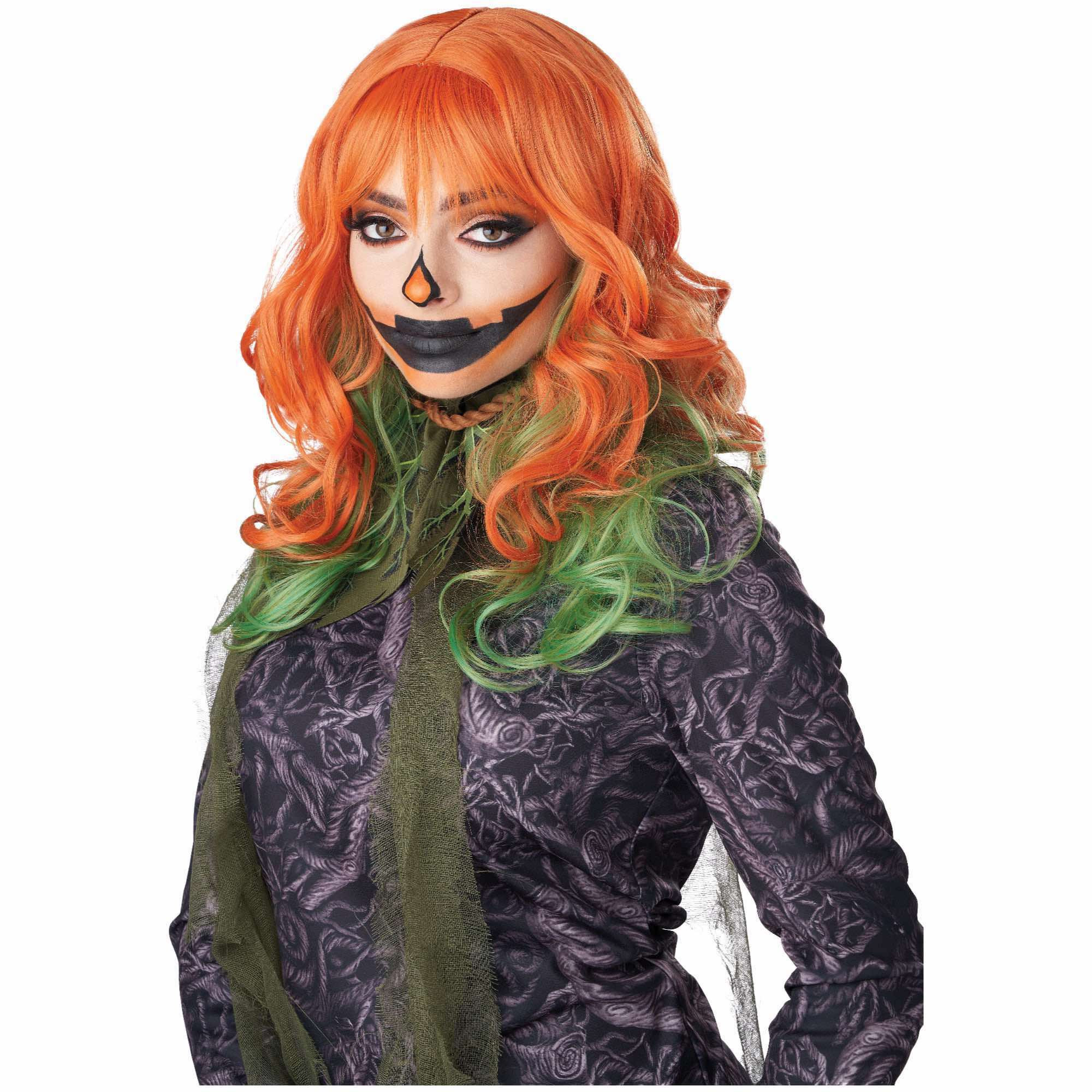 Pumpkin Blossom Orange Green Long Wavy Womens Wig
