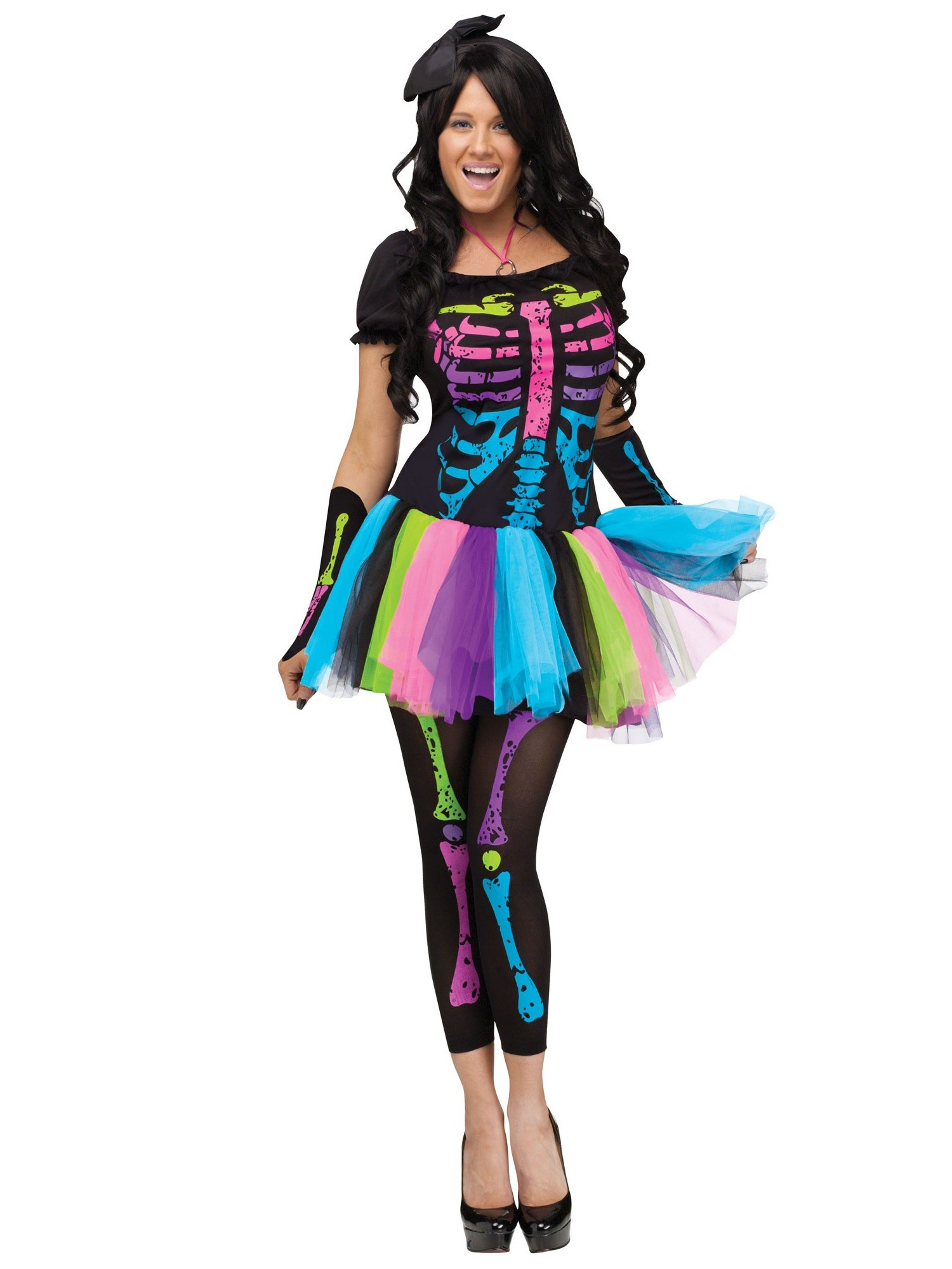 Funky Punky Bones Skeletons 1980s Disco Day of the Dead Women Costume