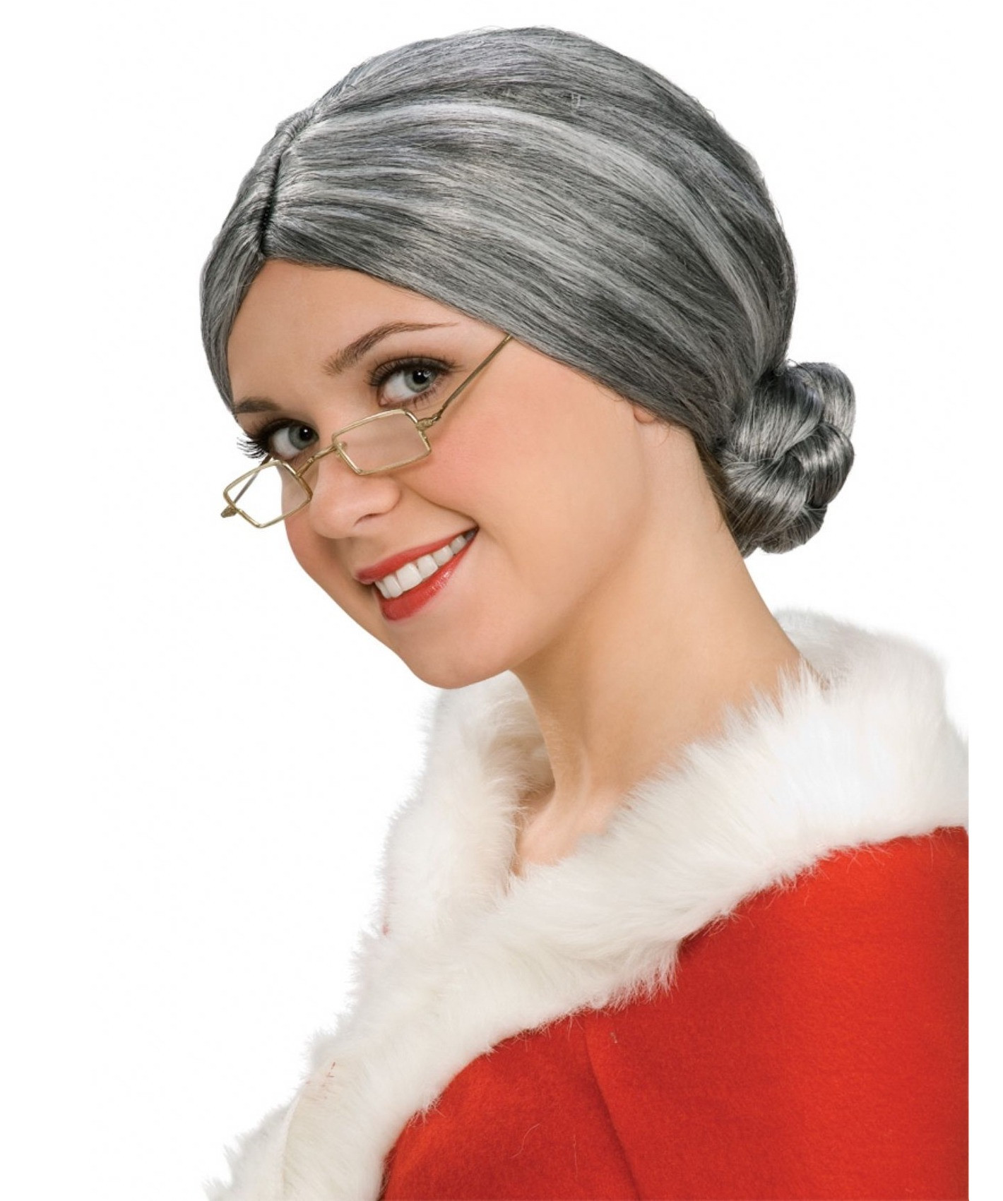 Old Lady Mrs Santa Granny Grandma Grey Bun Women Costume Wig