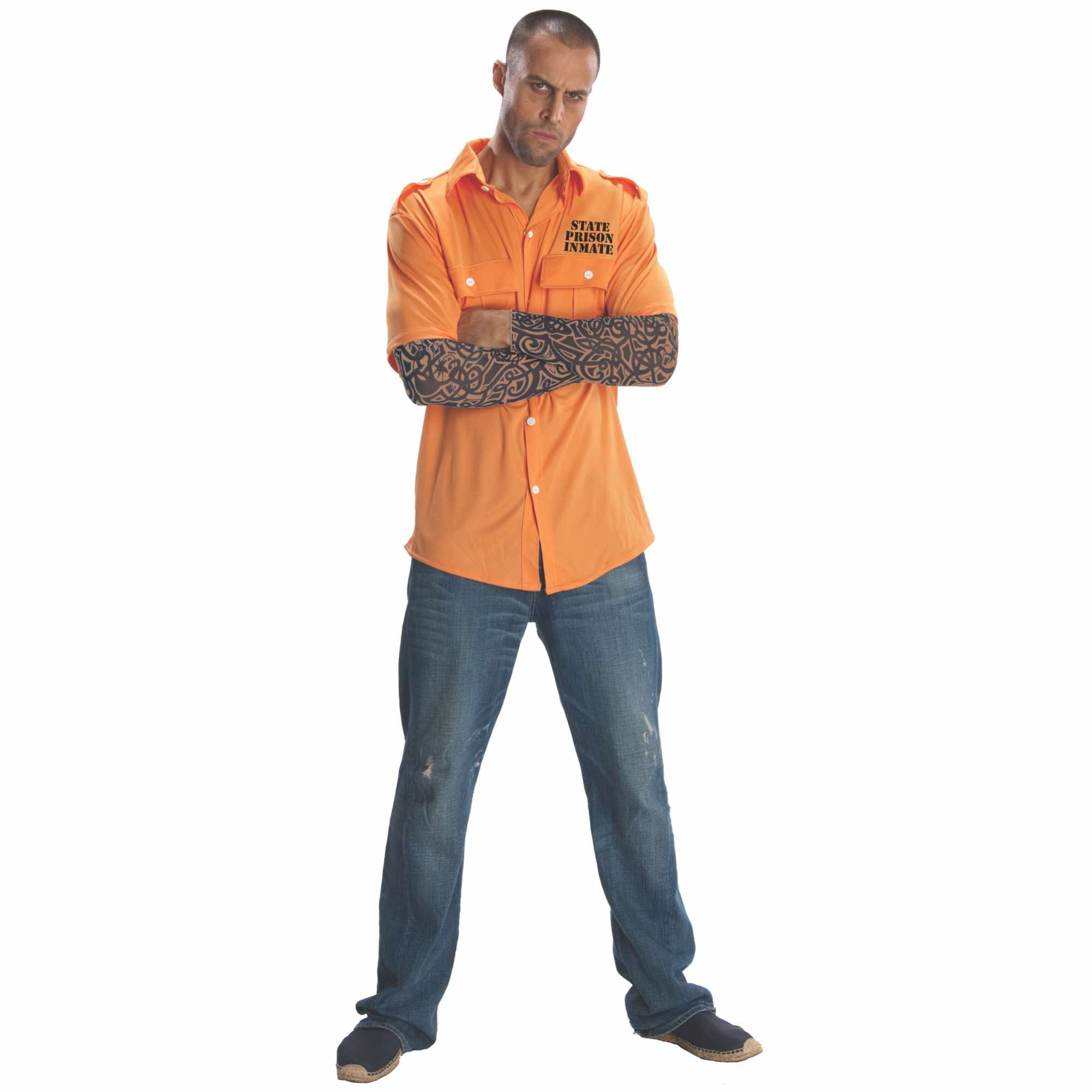 Prisoner Convict Jailbird Gangster Criminal Orange Shirt Tattoo Mens Costume