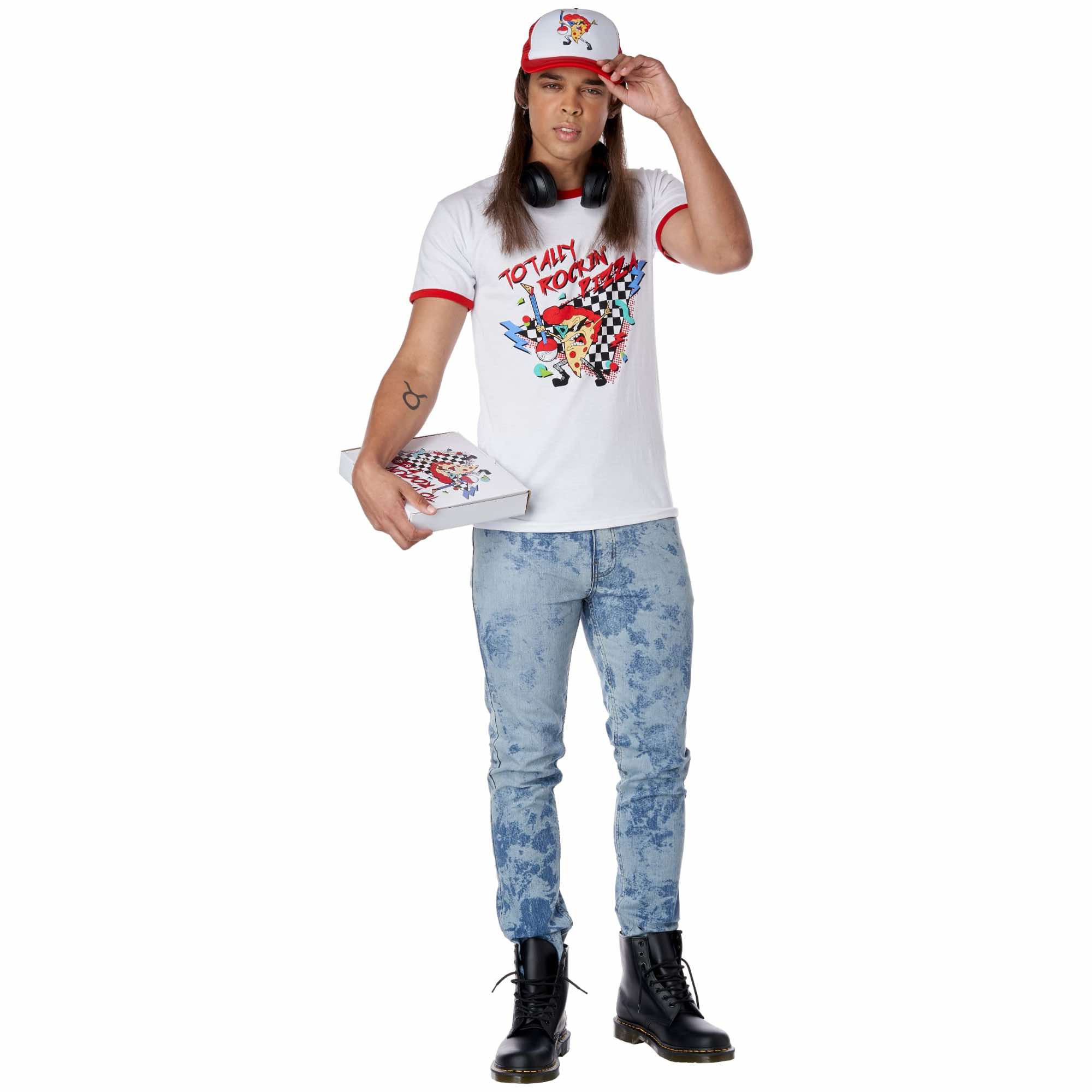 Rockin Pizza Dude 90s Delivery Driver Mullet Adult Mens Hat Wig & Costume